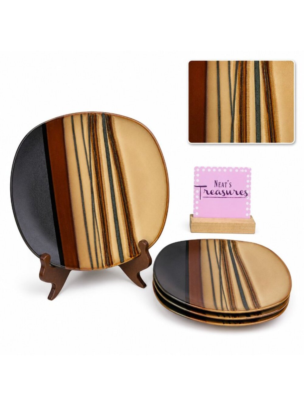Home Trends BAZAAR BROWN Stoneware Square Emboss Stripe Lunch Salad Plate Set 4